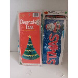 Vtg 1984 Beistle Honeycomb Christmas Tree Centerpiece 14” And Christmas Banner